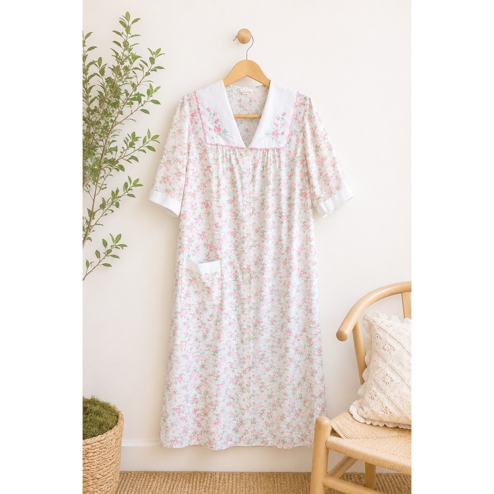 Vintage Hago Canada Pink Rose Nightgown‎ Nap Dress Cottagecore Prairie Sz S Boho